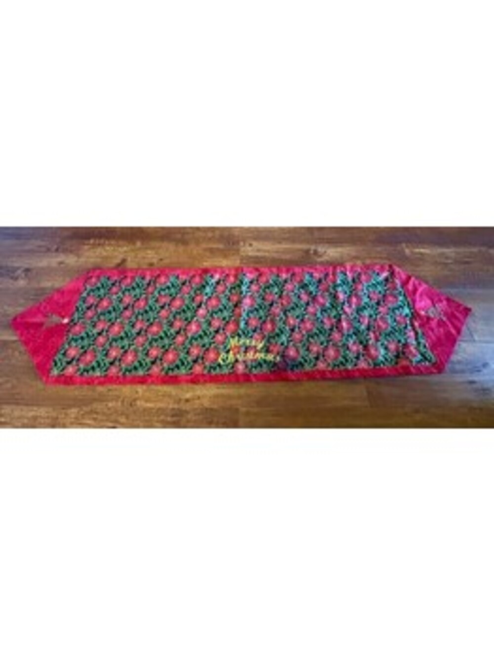 Christmas Table Runner with Embroidered Poinsettias and Holiday Greetings